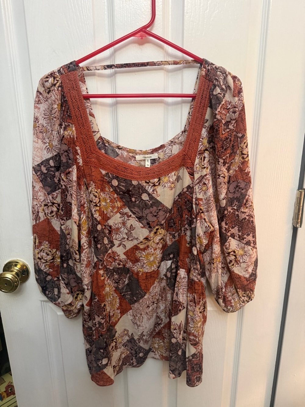 Maurice’s Boho Patchwork Floral Peasant Top - Rust Multi. 1X